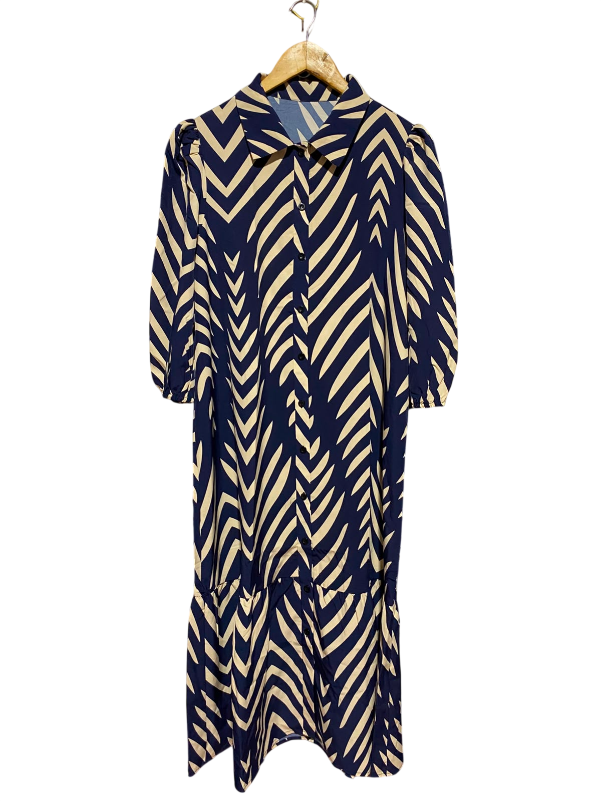 SHEIN |L| BUST 21| A6| NAVY & BEIGE ZEBRA STRIPE BUTTON-DOWN SHIRT DRESS