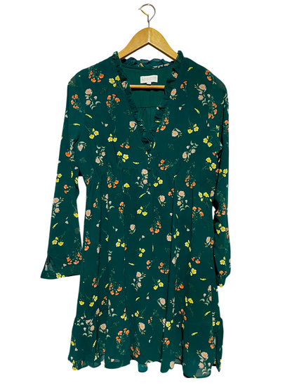 APRICOT |M| BUST 18| A6| EMERALD GREEN FLORAL PRINT RUFFLE V-NECK MINI DRESS