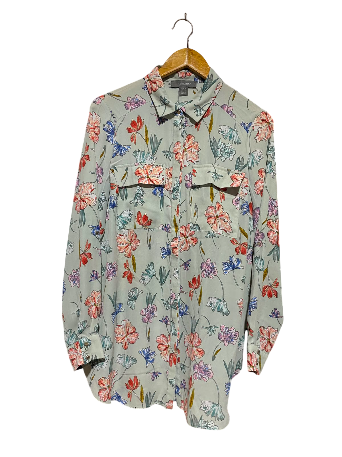 PRIMARK |L| BUST 22| A6| FLORAL PRINT BUTTON-DOWN SHIRT - MINT GREEN LONG SLEEVE UTILITY BLOUSE