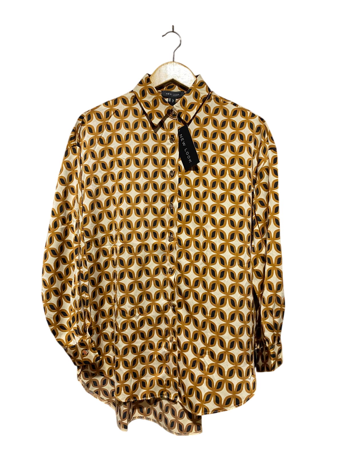 NEW LOOK |S| BUST 22| A6| VINTAGE RETRO GEOMETRIC PRINT SATIN BUTTON-DOWN SHIRT
