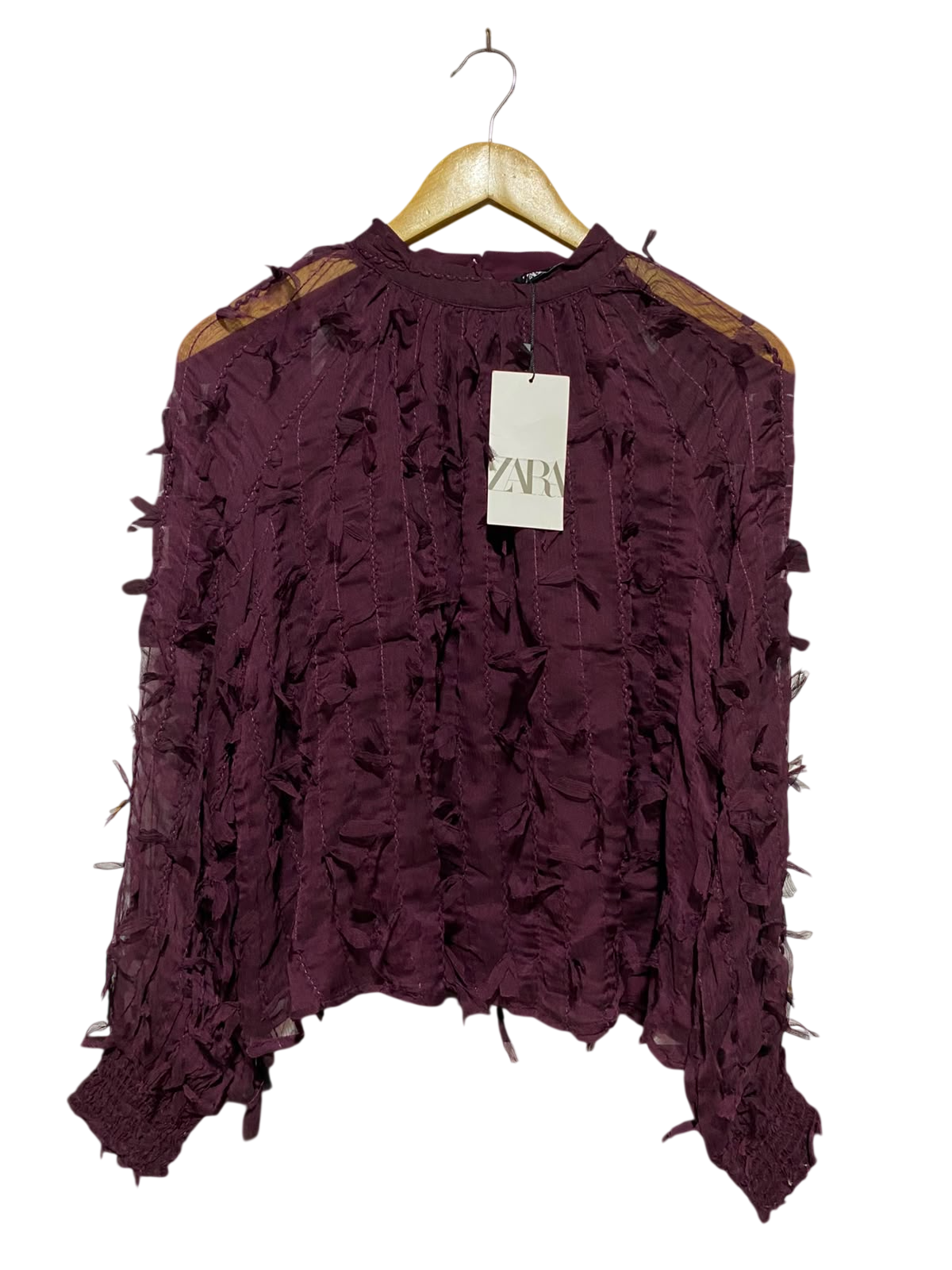 ZARA |M| BUST 22| A6| DEEP PLUM PURPLE TEXTURED APPLIQUÉ HIGH-NECK BLOUSE