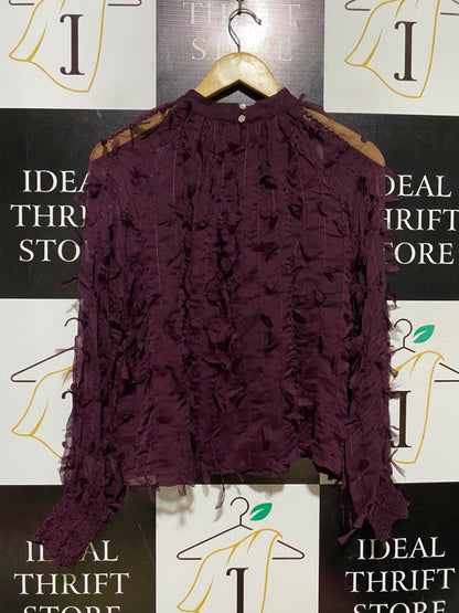 ZARA |M| BUST 22| A6| DEEP PLUM PURPLE TEXTURED APPLIQUÉ HIGH-NECK BLOUSE