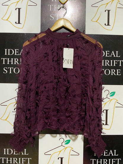ZARA |M| BUST 22| A6| DEEP PLUM PURPLE TEXTURED APPLIQUÉ HIGH-NECK BLOUSE