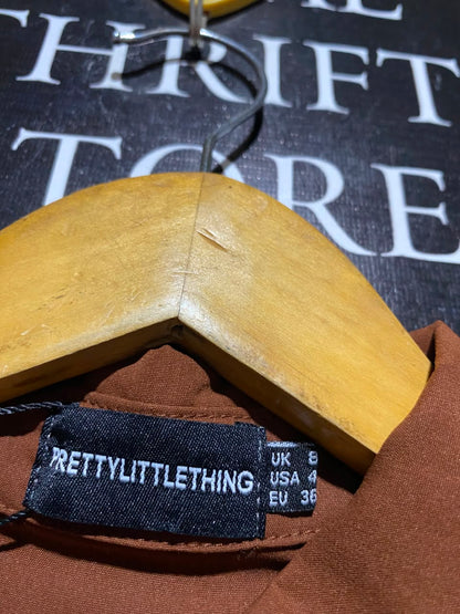 PRETTYLITTLE THING |S| BUST 14| A6| CHOCOLATE BROWN CUT-OUT SHOULDER MINI SHIRT DRESS