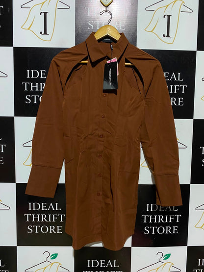 PRETTYLITTLE THING |S| BUST 14| A6| CHOCOLATE BROWN CUT-OUT SHOULDER MINI SHIRT DRESS