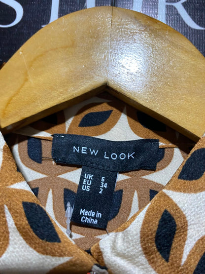 NEW LOOK |S| BUST 22| A6| VINTAGE RETRO GEOMETRIC PRINT SATIN BUTTON-DOWN SHIRT