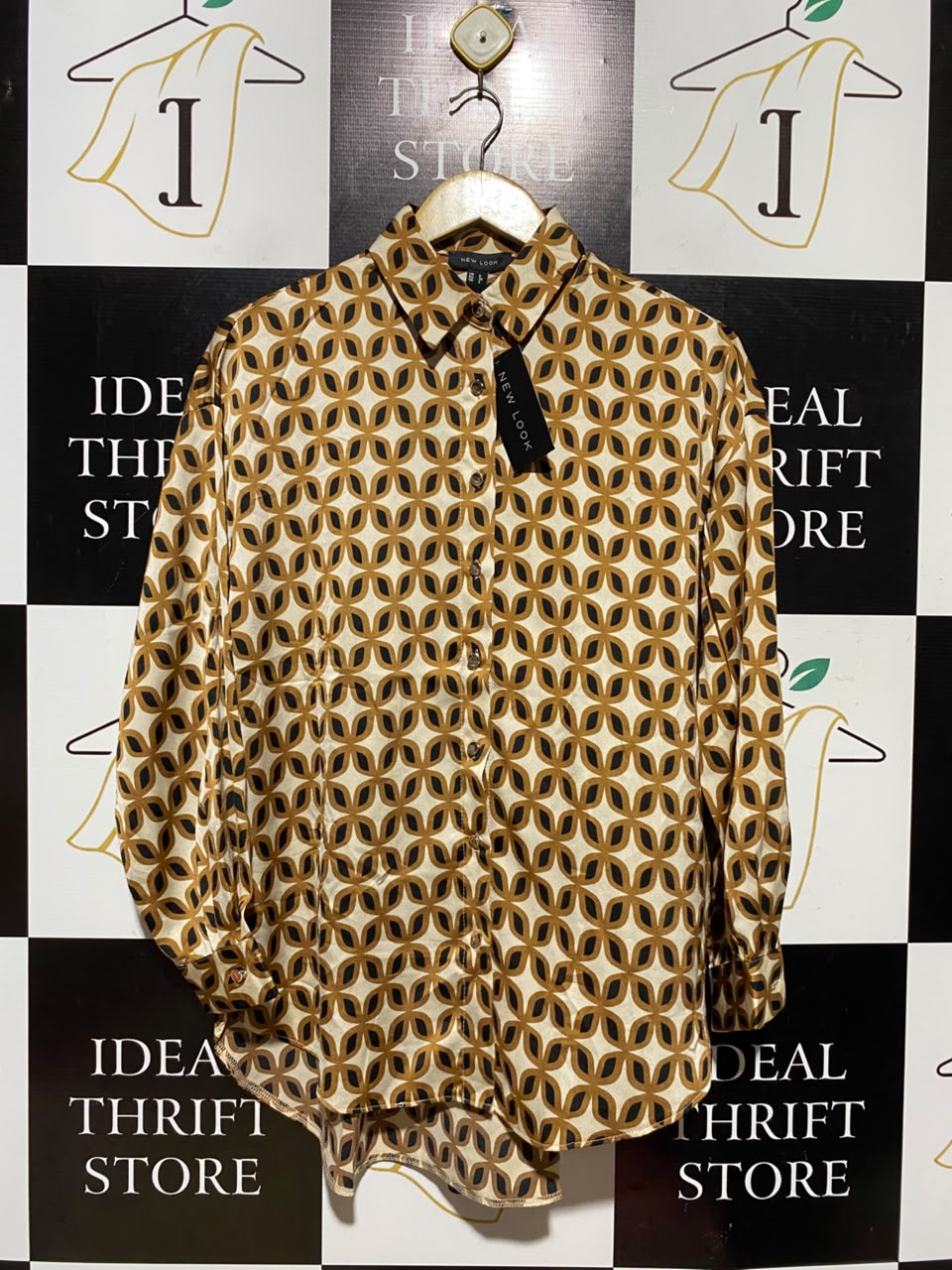 NEW LOOK |S| BUST 22| A6| VINTAGE RETRO GEOMETRIC PRINT SATIN BUTTON-DOWN SHIRT