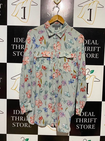PRIMARK |L| BUST 22| A6| FLORAL PRINT BUTTON-DOWN SHIRT - MINT GREEN LONG SLEEVE UTILITY BLOUSE