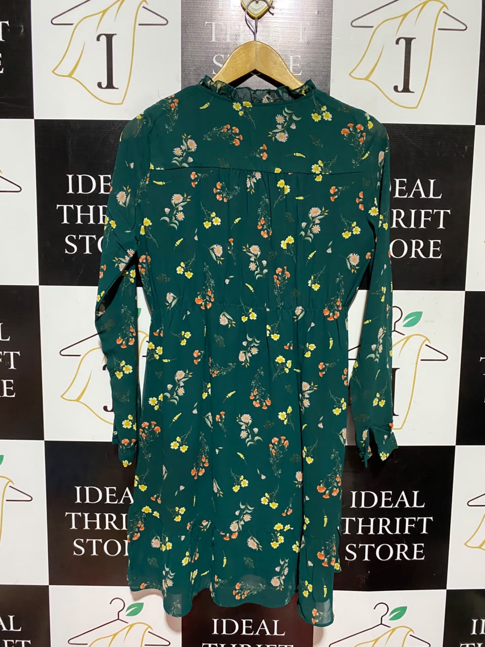 APRICOT |M| BUST 18| A6| EMERALD GREEN FLORAL PRINT RUFFLE V-NECK MINI DRESS