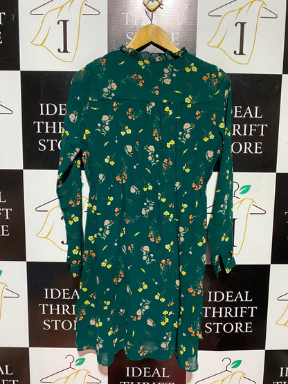 APRICOT |M| BUST 18| A6| EMERALD GREEN FLORAL PRINT RUFFLE V-NECK MINI DRESS