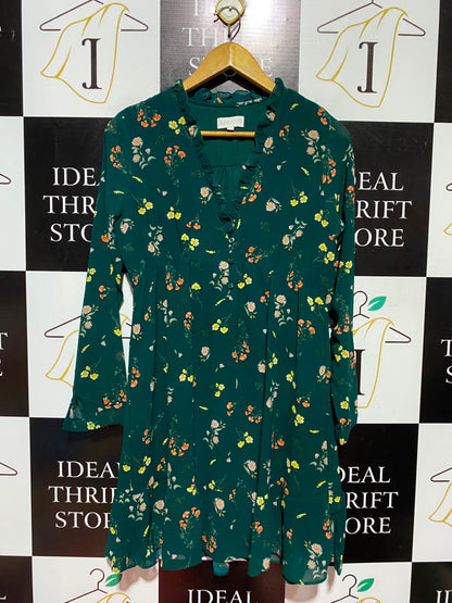 APRICOT |M| BUST 18| A6| EMERALD GREEN FLORAL PRINT RUFFLE V-NECK MINI DRESS