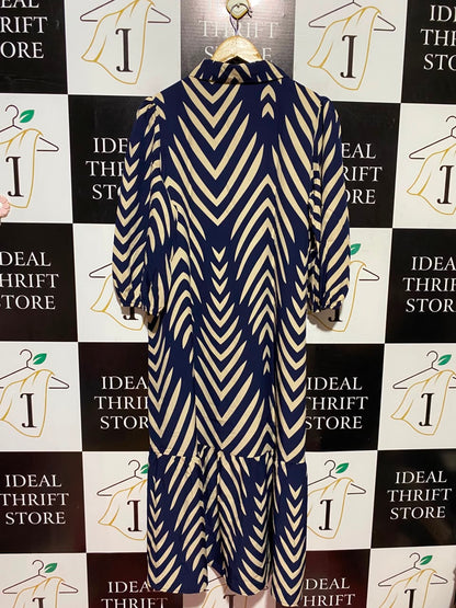 SHEIN |L| BUST 21| A6| NAVY & BEIGE ZEBRA STRIPE BUTTON-DOWN SHIRT DRESS