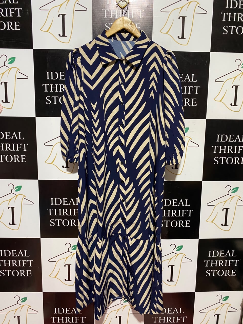SHEIN |L| BUST 21| A6| NAVY & BEIGE ZEBRA STRIPE BUTTON-DOWN SHIRT DRESS