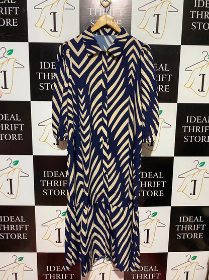 SHEIN |L| BUST 21| A6| NAVY & BEIGE ZEBRA STRIPE BUTTON-DOWN SHIRT DRESS