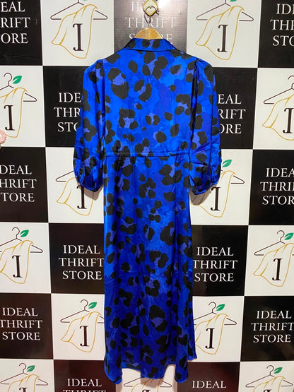 NEW LOOK |S| BUST 16| A6| ROYAL BLUE ANIMAL PRINT SATIN SHIRT DRESS
