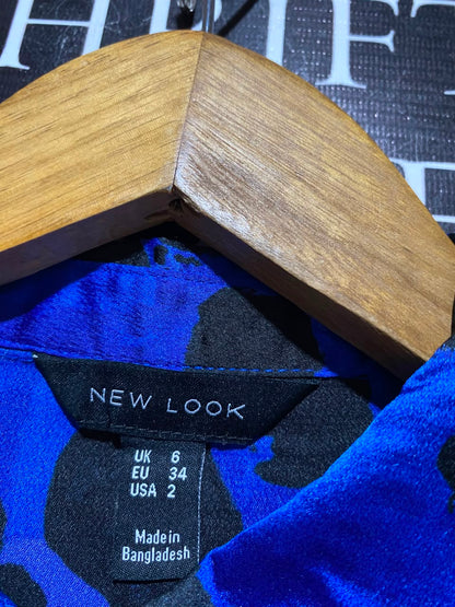 NEW LOOK |S| BUST 16| A6| ROYAL BLUE ANIMAL PRINT SATIN SHIRT DRESS