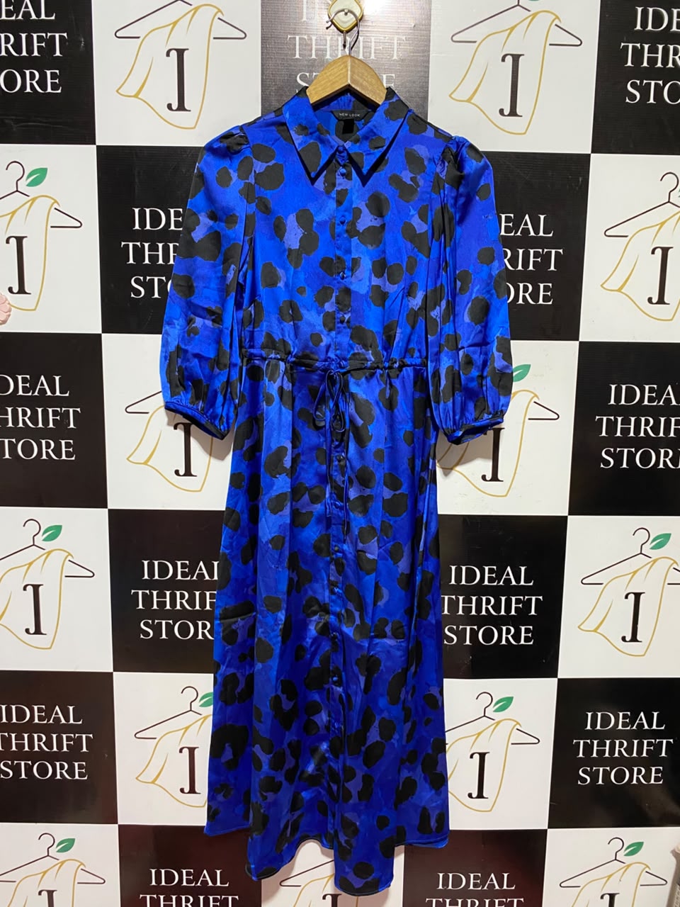 NEW LOOK |S| BUST 16| A6| ROYAL BLUE ANIMAL PRINT SATIN SHIRT DRESS