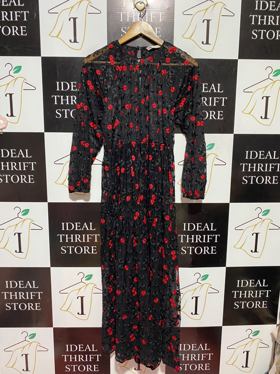 ZARA |XS| BUST 18| A6| BLACK FLORAL EMBROIDERED MESH MAXI DRESS