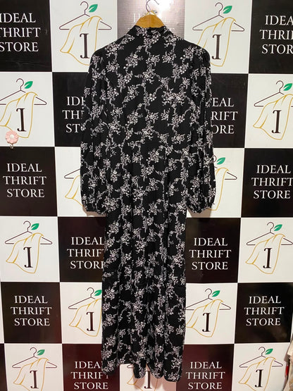 RIVER ISLAND |S| BUST 17| A6| BLACK FLORAL TIE-NECK MAXI DRESS - BUTTON-FRONT LONG SLEEVE DRESS