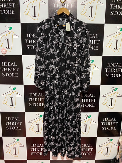 RIVER ISLAND |S| BUST 17| A6| BLACK FLORAL TIE-NECK MAXI DRESS - BUTTON-FRONT LONG SLEEVE DRESS