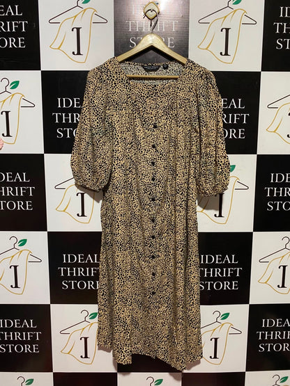 DOROTHY PERKINS |M| BUST 21| A6| BEIGE ANIMAL PRINT PUFF SLEEVE MIDI DRESS - BUTTON-FRONT CASUAL DRESS
