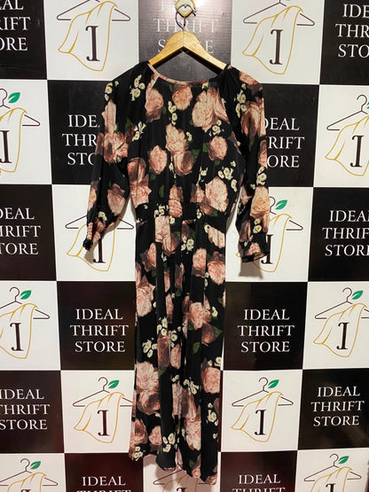|M| BUST 17| A6| BLACK FLORAL PRINT SMOCKED WAIST MAXI DRESS