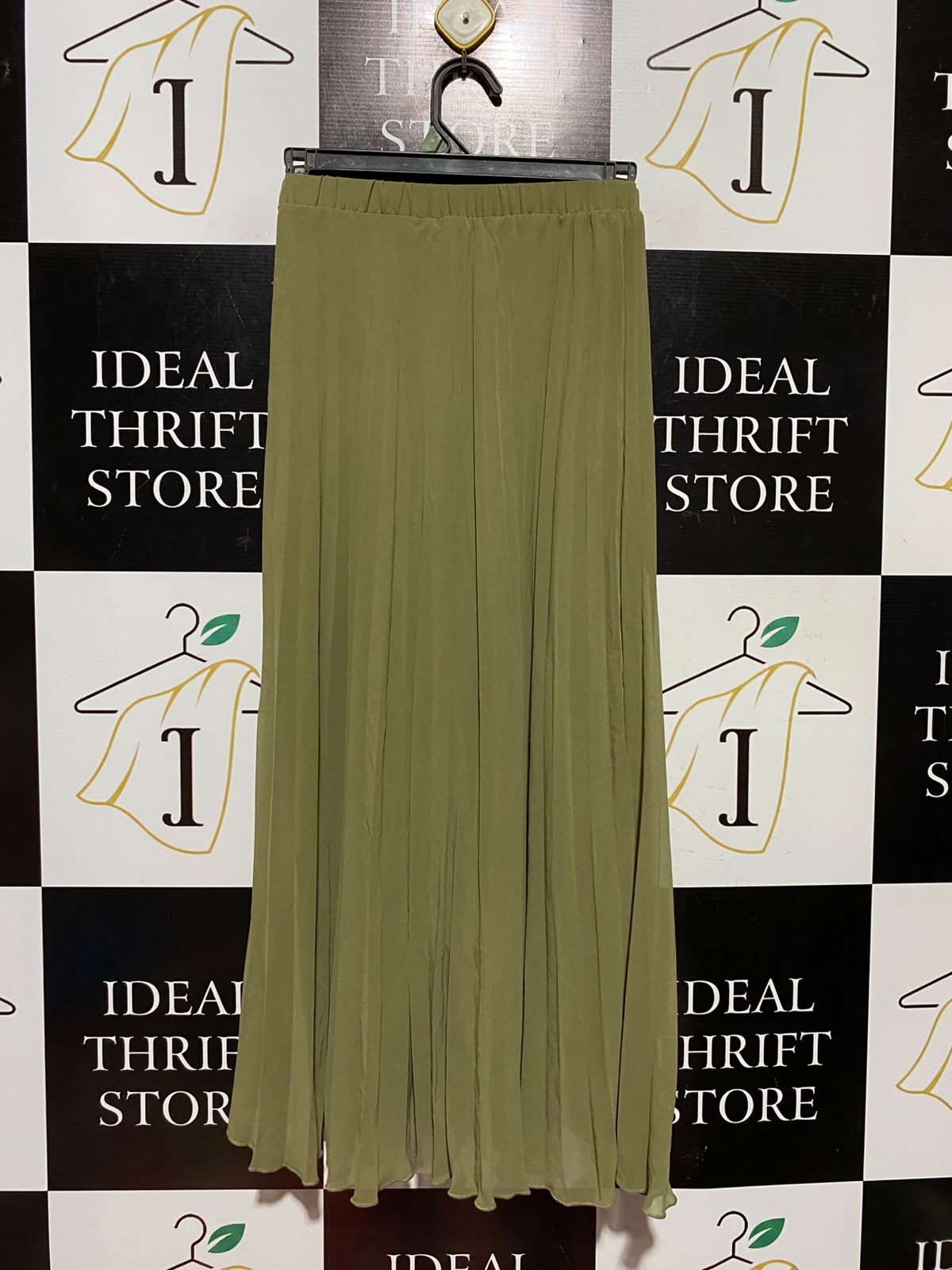 PRIMARK |XS| WAIST 22| A6| OLIVE SAGE GREEN PLEATED MAXI SKIRT - ELASTIC HIGH-WAISTED FLOWY SKIRT