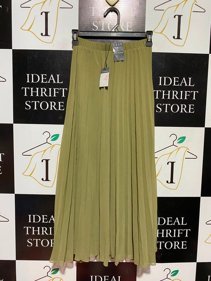 PRIMARK |XS| WAIST 22| A6| OLIVE SAGE GREEN PLEATED MAXI SKIRT - ELASTIC HIGH-WAISTED FLOWY SKIRT