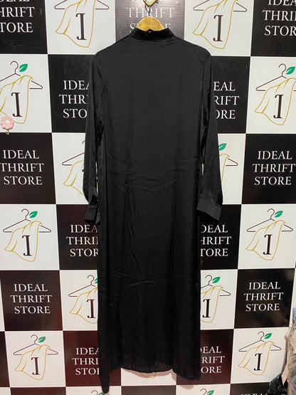ZADINA |L| BUST 21| A6| SOLID BLACK SATIN BUTTON-DOWN MAXI SHIRT DRESS