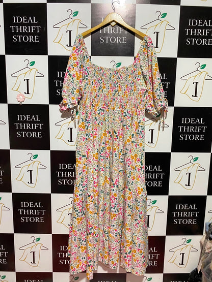 SHEIN CURVE |XL| BUST 17| A6| MULTICOLOUR FLORAL SMOCKED BODICE MAXI DRESS