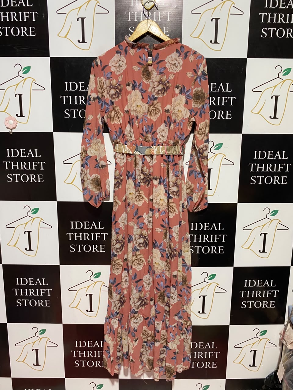 |S| BUST 16| A6| CORAL FLORAL PRINT HIGH-NECK MAXI DRESS