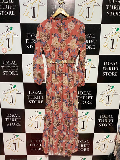 |S| BUST 16| A6| CORAL FLORAL PRINT HIGH-NECK MAXI DRESS