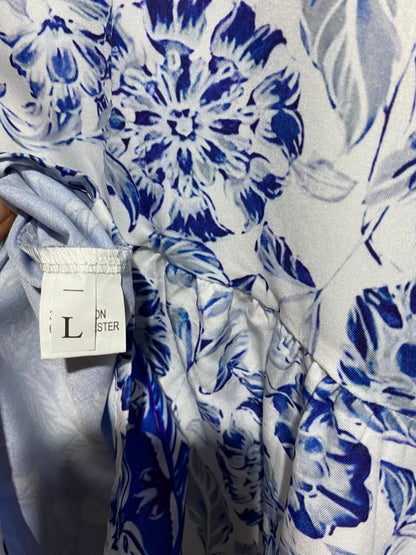|L| BUST 21| A6| BLUE & WHITE FLORAL PRINT V-NECK MIDI DRESS