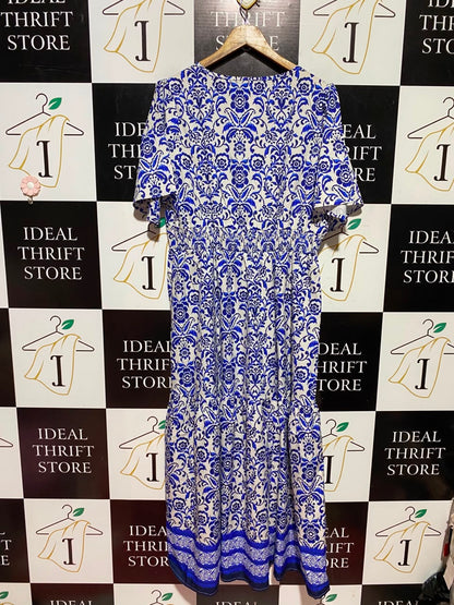 PILGRIMS |L| BUST 21| A6| BLUE & WHITE DAMASK FLORAL PRINT MAXI DRESS