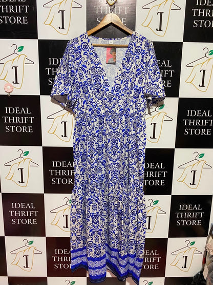 PILGRIMS |L| BUST 21| A6| BLUE & WHITE DAMASK FLORAL PRINT MAXI DRESS