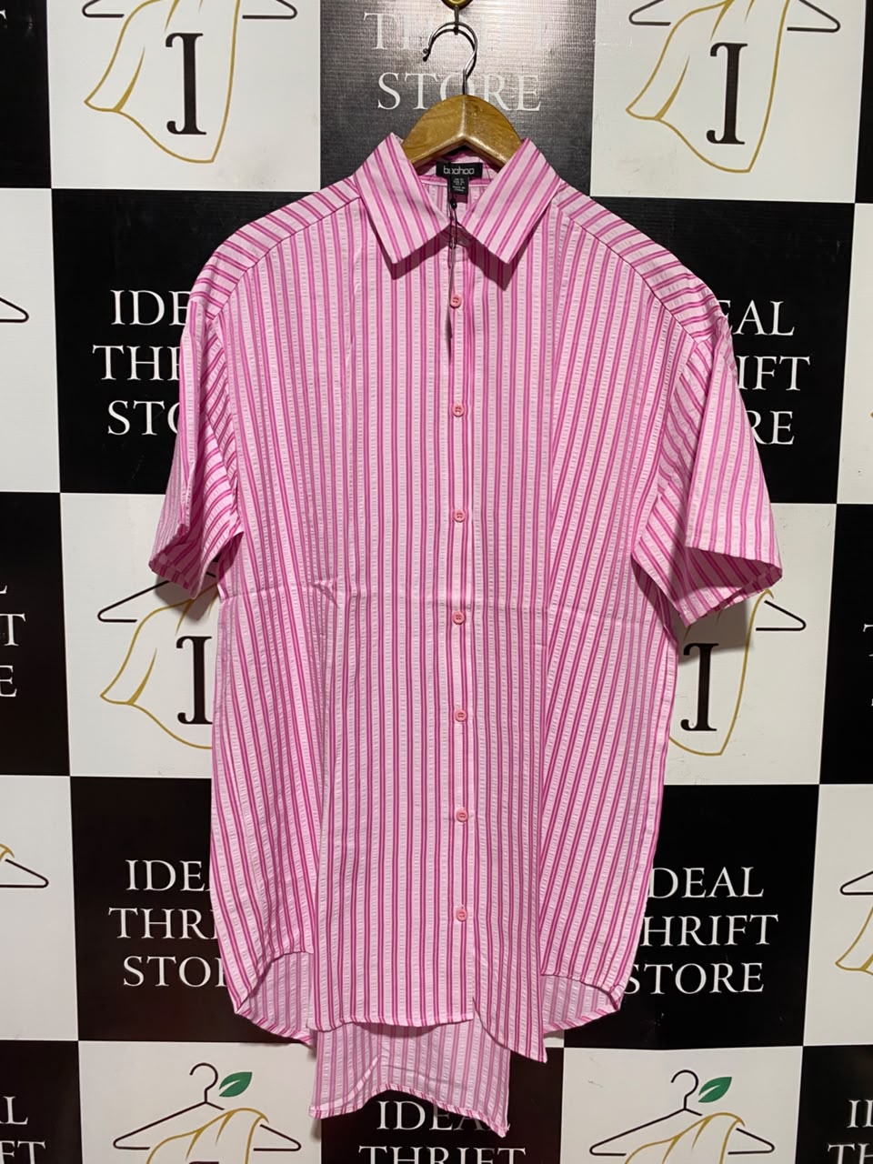 BOOHOO |XL| BUST 24| A6| PINK STRIPED OVERSIZED SHORT SLEEVE SHIRT