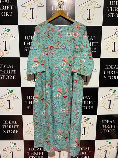 |L| BUST 23| A6| SAGE GREEN BOTANICAL FLORAL PRINT MIDI DRESS - V-NECK