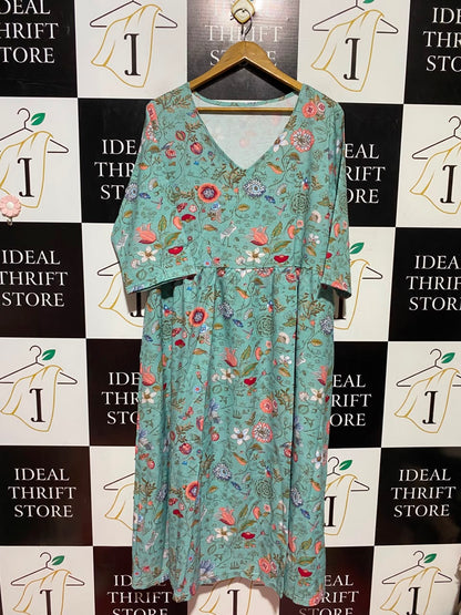 |L| BUST 23| A6| SAGE GREEN BOTANICAL FLORAL PRINT MIDI DRESS - V-NECK