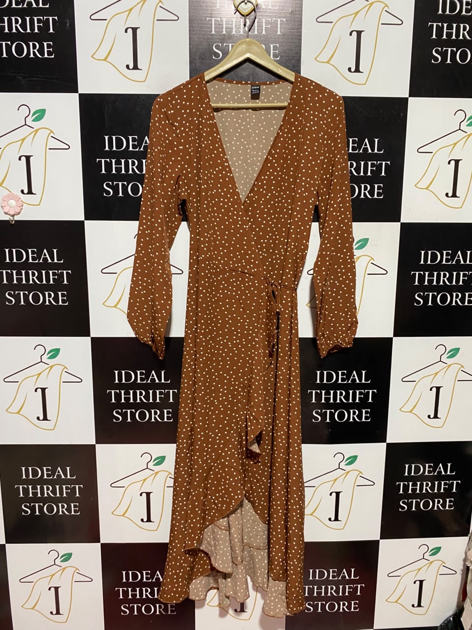 SHEIN |L| BUST 19| A6| RUST BROWN POLKA DOT WRAP MIDI DRESS