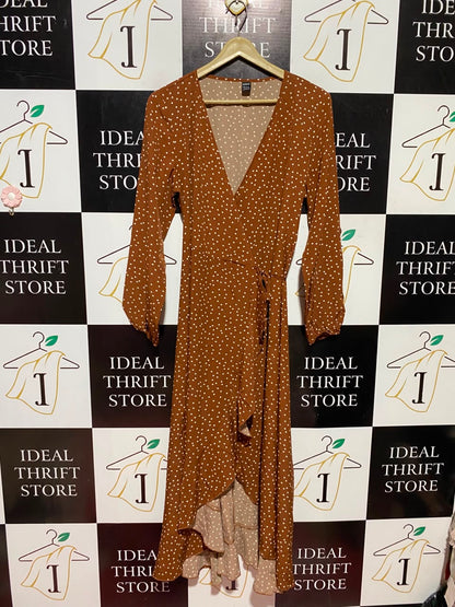 SHEIN |L| BUST 19| A6| RUST BROWN POLKA DOT WRAP MIDI DRESS