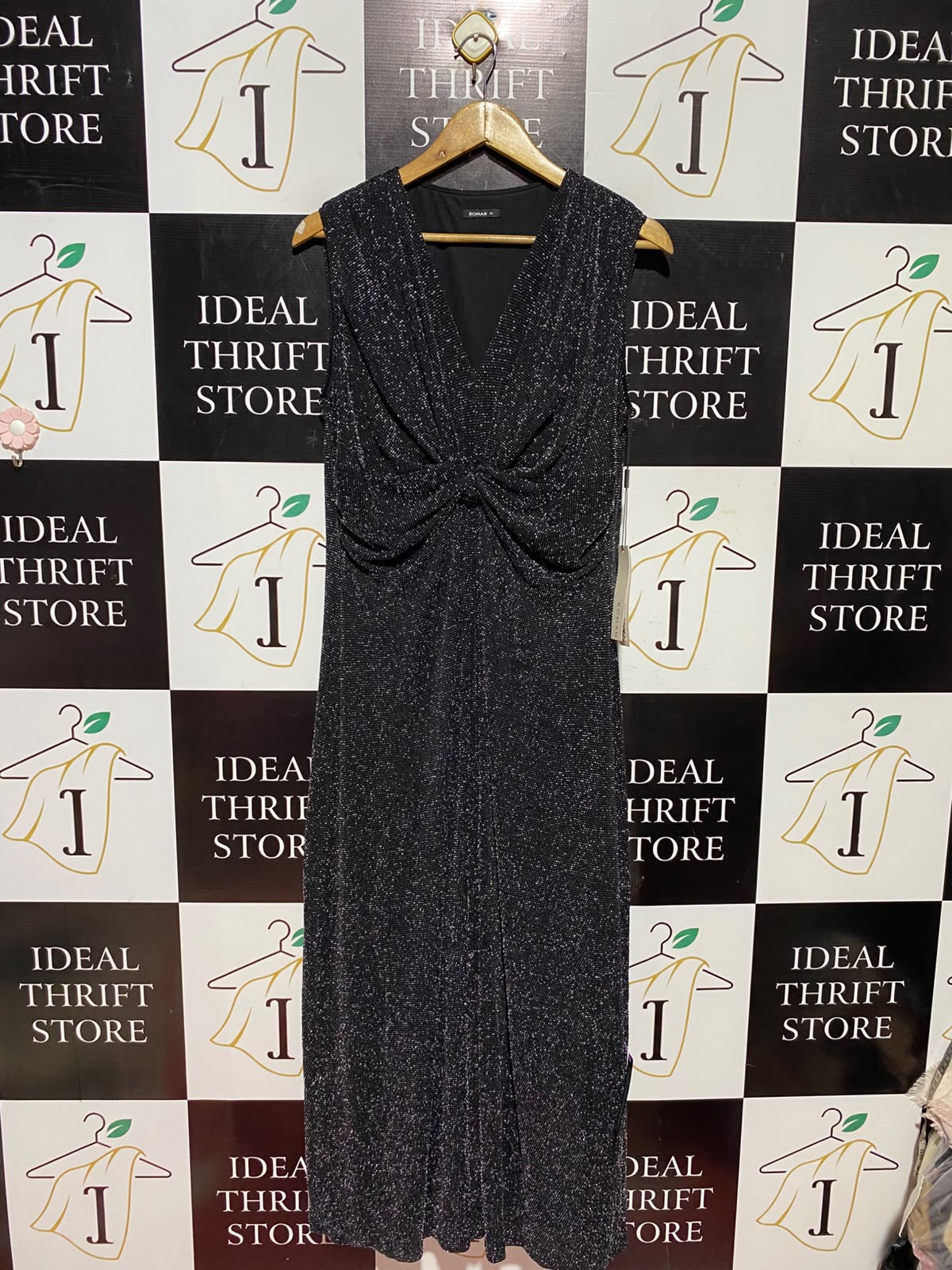 ROMAN |L| BUST 19| A6| BLACK SHIMMER METALLIC MIDI DRESS - TWIST FRONT SLEEVELESS PARTY DRESS