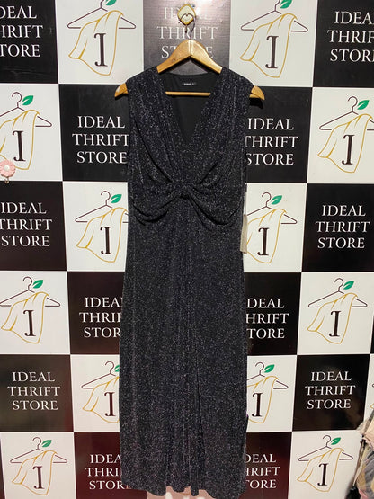 ROMAN |L| BUST 19| A6| BLACK SHIMMER METALLIC MIDI DRESS - TWIST FRONT SLEEVELESS PARTY DRESS