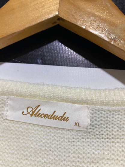 ALICEDUDU |XL| BUST 22| A6| CREAM & NAVY STRIPED KNIT CARDIGAN - GOLD BUTTON LONG SLEEVE SWEATER