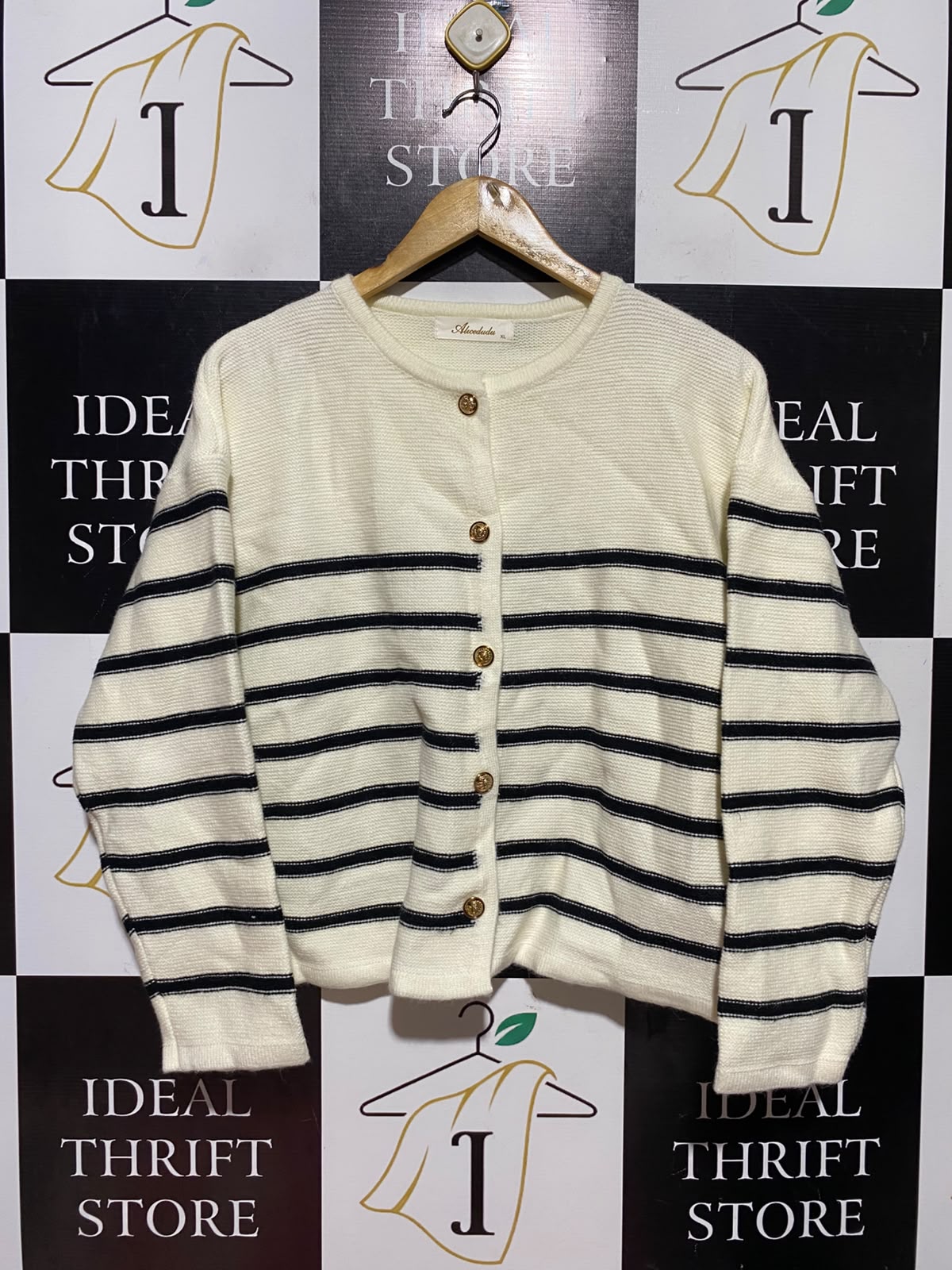 ALICEDUDU |XL| BUST 22| A6| CREAM & NAVY STRIPED KNIT CARDIGAN - GOLD BUTTON LONG SLEEVE SWEATER
