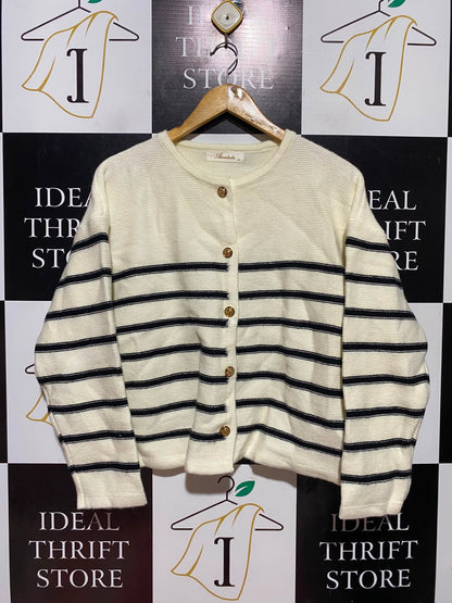 ALICEDUDU |XL| BUST 22| A6| CREAM & NAVY STRIPED KNIT CARDIGAN - GOLD BUTTON LONG SLEEVE SWEATER