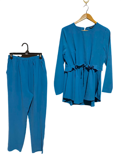 SHEIN |M| A6| TEAL BLUE RUFFLE-TRIMMED DRAWSTRING TUNIC TOP AND TROUSERS TWO-PIECE SET
