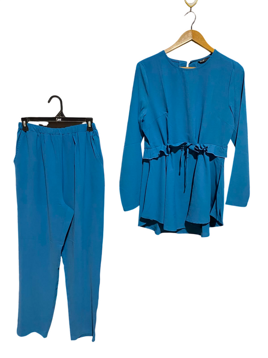 SHEIN |M| A6| TEAL BLUE RUFFLE-TRIMMED DRAWSTRING TUNIC TOP AND TROUSERS TWO-PIECE SET