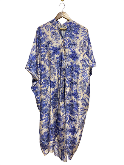 PRODOTTO |M| BUST FREE| A6| ROYAL BLUE AND CREAM TOILE DE JOUY FLORAL KAFTAN MAXI DRESS