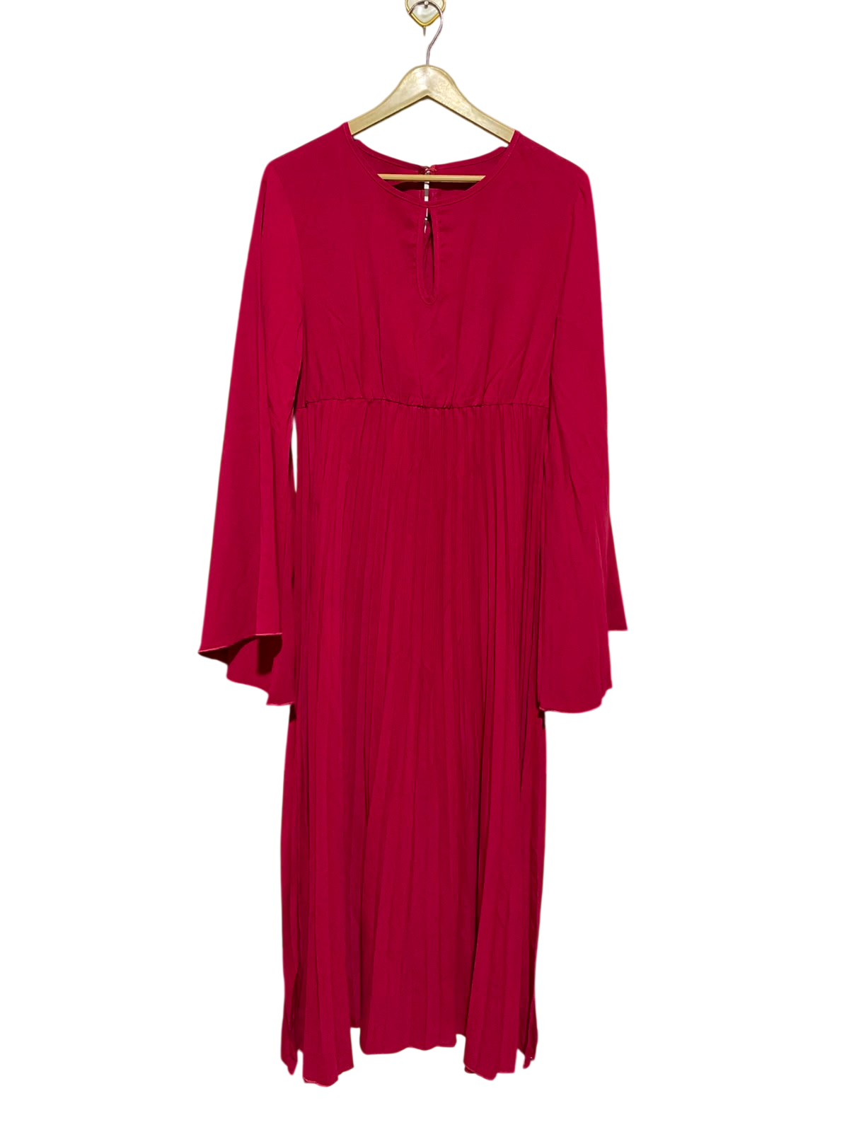 SHEIN |L| BUST 18| A6| MAGENTA PINK PLEATED ACCORDION KEYHOLE BELL-SLEEVE MAXI DRESS
