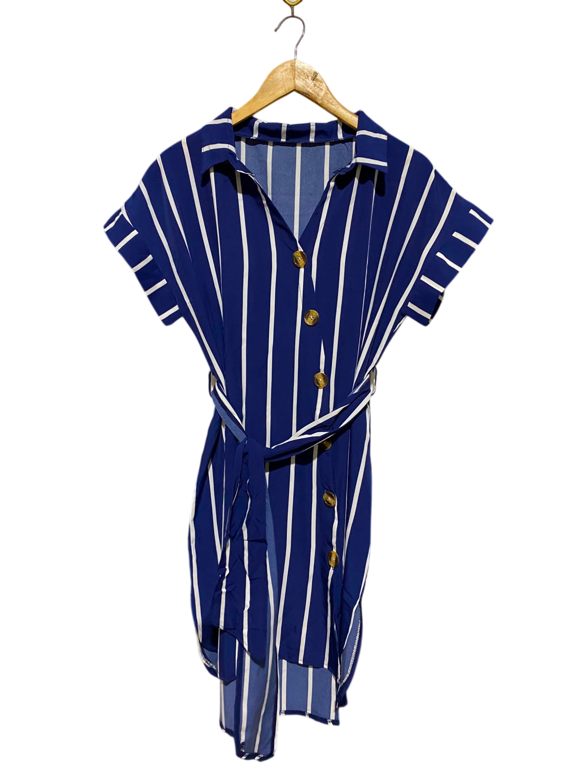 |XL| BUST 22| A6| ROYAL BLUE AND WHITE VERTICAL STRIPED BUTTON-FRONT BELTED SHIRT DRESS